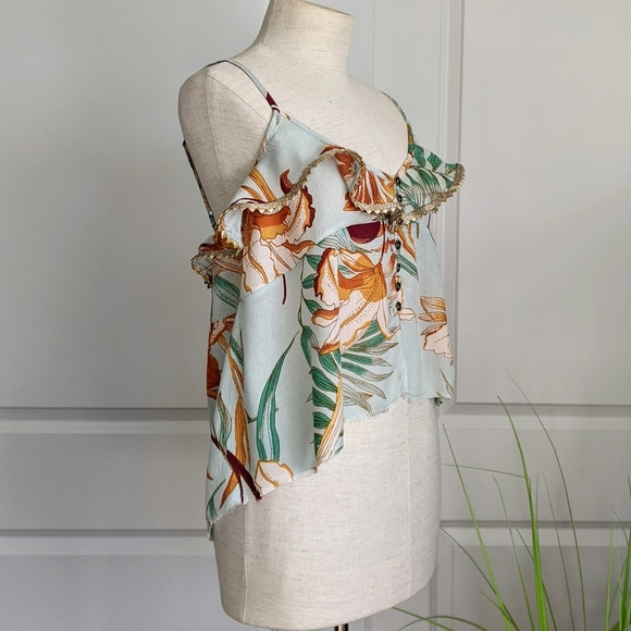 Z&L Europe Crop Sleeveless Ruffled Neckline Front & Back Floral Print Aqua M NWT - Picture 6 of 16